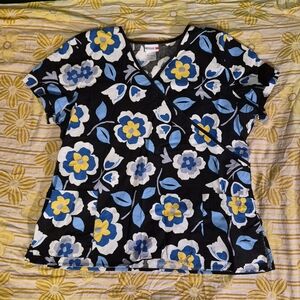 White Cross Black Floral V-Neck Tunic with Blue and Yellow Flowers